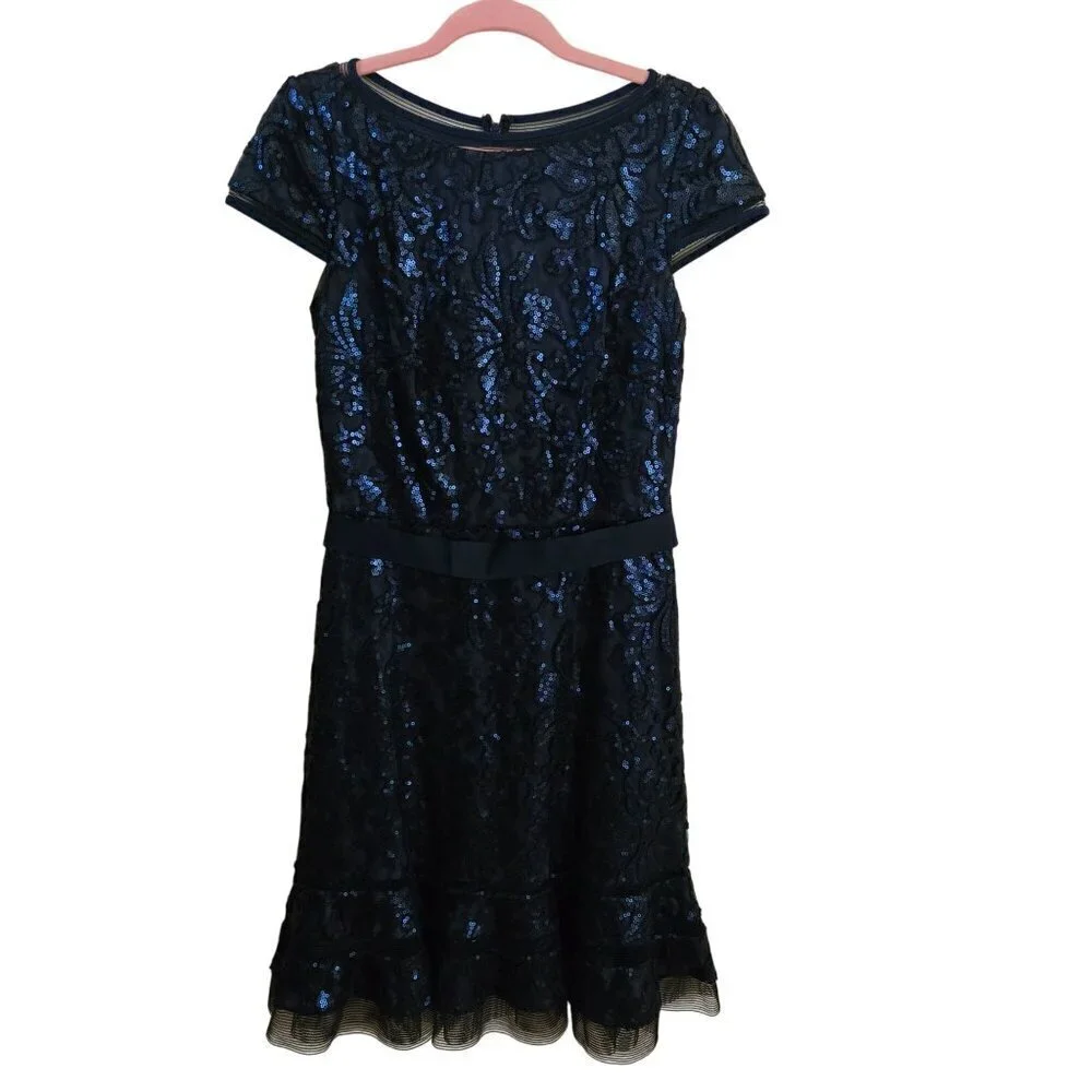 Tadashi Shoji Teal Sequined Fit & Flare Designer Cocktail Dress Size 8